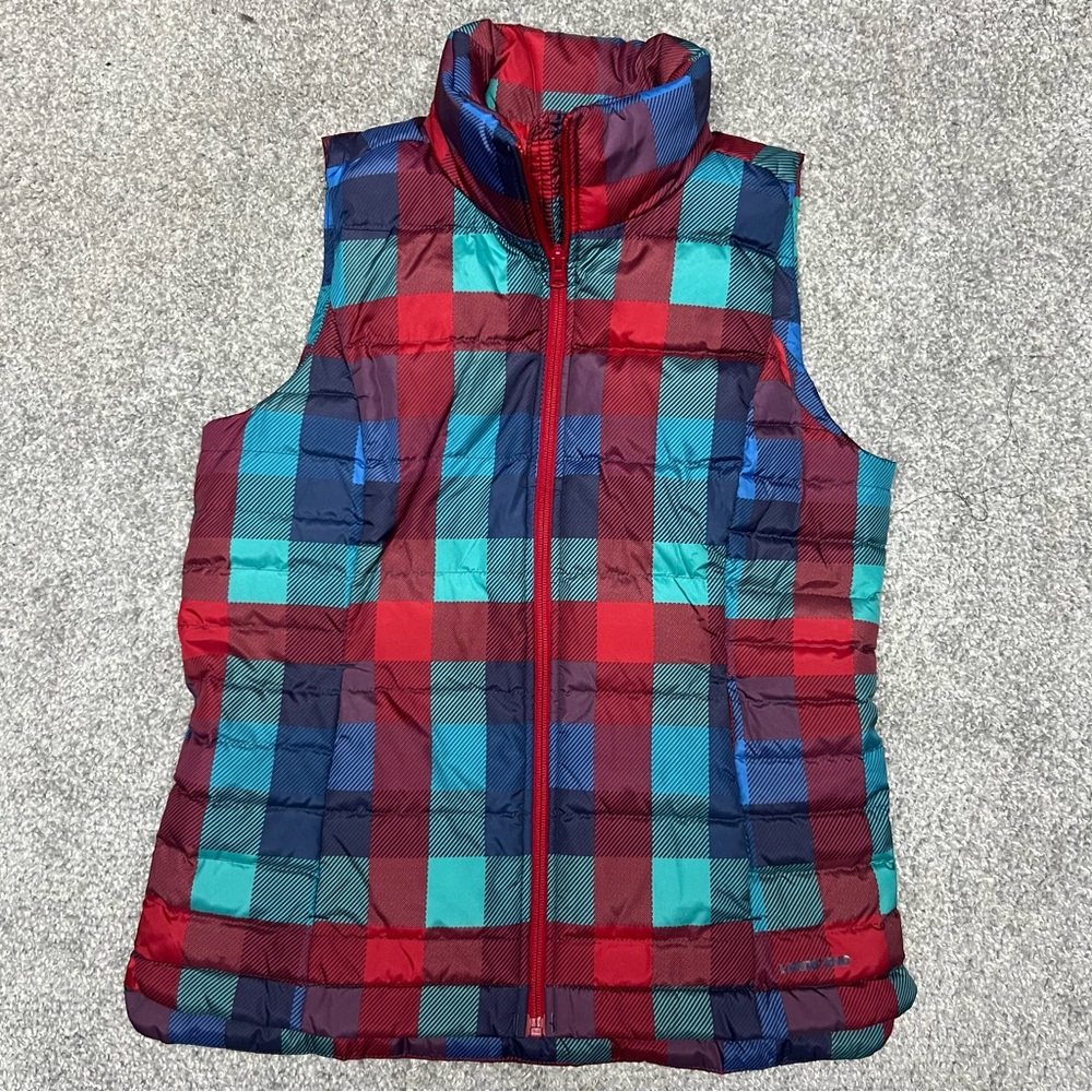 Lands End Vest Womens XS 2-4 Blue Red Teal Puffer Plaid Down Fill 600 NEW